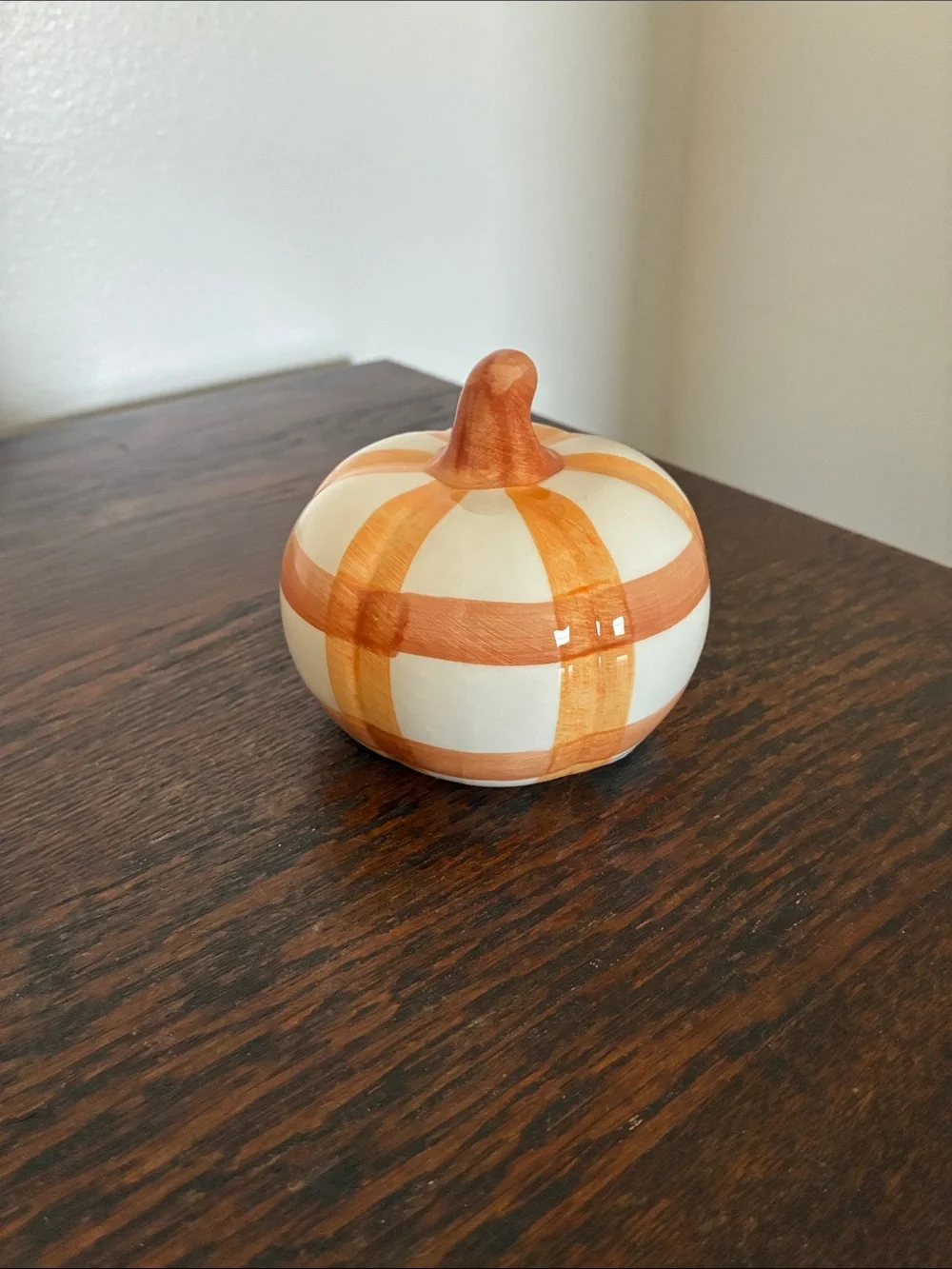 NWT- Decorative Ceramic Pumpkin Trio - White and Orange Plaid Stripe